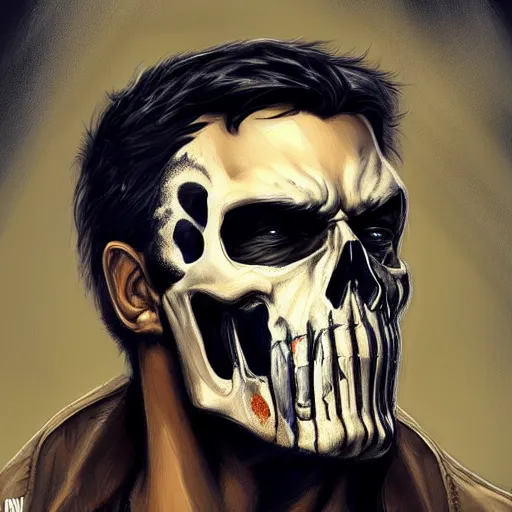 Prompt: portrait of dying frank castle the punisher, skull face paint, intricate, elegant, highly detailed, centered, grungy, digital painting, artstation, concept art, smooth, sharp focus, illustration, artgerm, artstation, boris vallejo