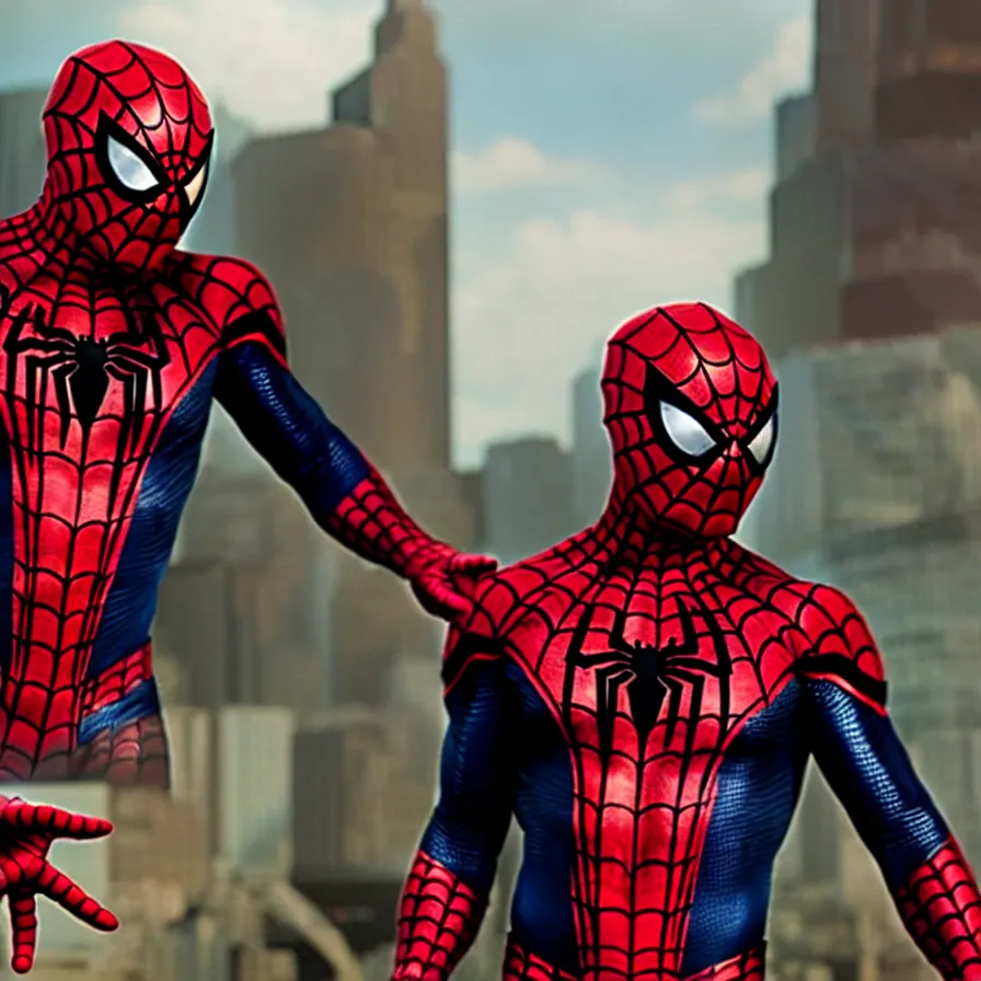 Image similar to red and yellow, dark fantasy spiderman outfit, large eyes, white webbing, movie still from the avengers