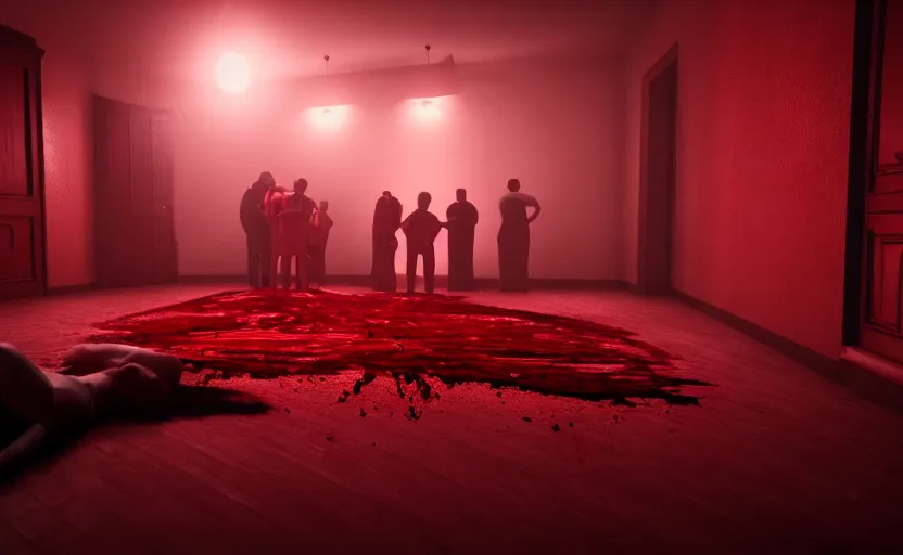 Prompt: a red murder scene with loving people, extremely intricate and detailed 8 k cinematic lighting, hyper realism