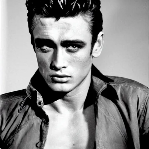 Prompt: genetic combination of james dean, elvis presley, sean connery, and frankenstein's monster. handsome man, prominent cheekbones, deep dimples, strong jaw, striking, hunk. face and upper body focus.