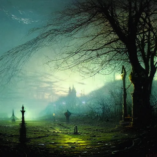 Image similar to A Landscape by Peter Mohrbacher and John Atkinson Grimshaw