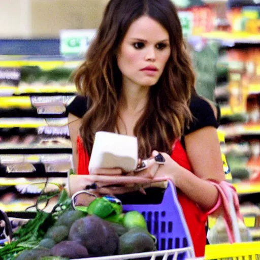 Prompt: rachel bilson having issues at the supermarket checkout candid iphone shot