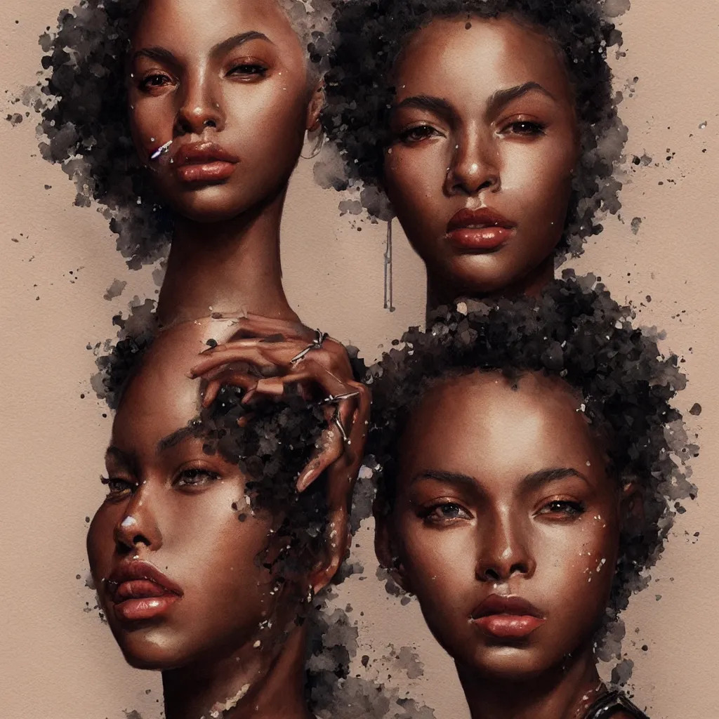 Prompt: beautiful watercolor painting of young black women, intricate, elegant, highly detailed, digital painting, artstation, concept art, smooth, sharp focus,, dynamic lighting, ultrarealistic, cinematic, octane render, 8 k