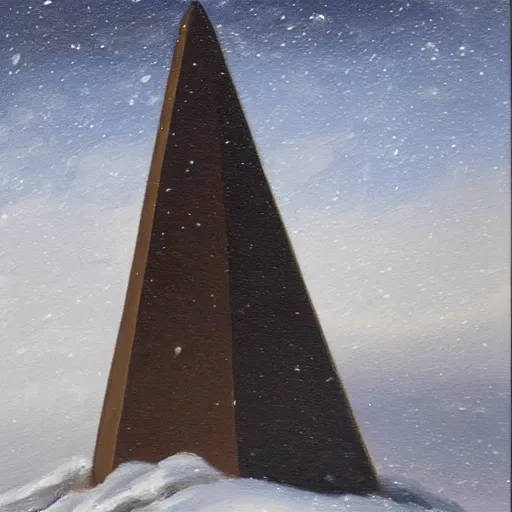 Prompt: oil painting of an incredibly distant obelisk of obsidian stretching to the heavens during a snowstorm