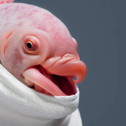 Image similar to blobfish in white hoodie 4 k