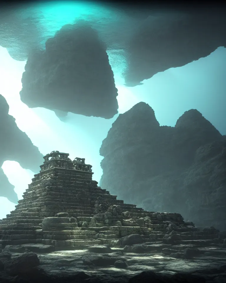 Image similar to ultrawide shot of submerged pre - incan temple, anime style mixed with fujifilm, dark, underwater, symmetrical, bubbles, abyss, dark, murky, foggy, atmospheric, crepuscular rays, artstation, cgsociety, octane render, cgi, unreal engine 5, denoise, detailed, cinematic masterpiece