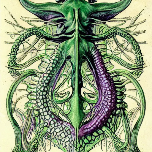 Image similar to cthulhu cross section scientific illustration biology book, highly detailed