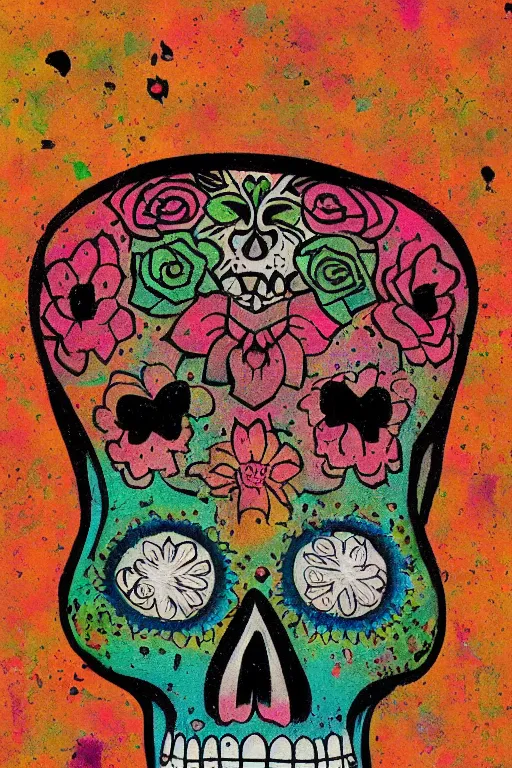 Prompt: Illustration of a sugar skull day of the dead girl, art by mordecai ardon