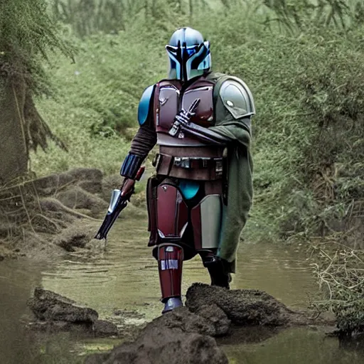 Prompt: mandalorian carrying grogu through swamp, stunning cinematography, light diffusion