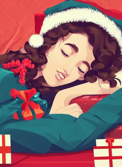 Prompt: a teenager with short wavy curly hair, asleep at christmas. surrounded by gifts. high quality detailed face. clean cel shaded vector art. shutterstock. behance hd by lois van baarle, artgerm, helen huang, by makoto shinkai and ilya kuvshinov, rossdraws, illustration, art by ilya kuvshinov