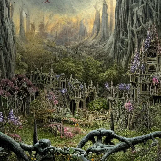 Prompt: a beautiful spooky and highly detailed matte painting of a gothic floral garden in a evil forest in the dry valley high in the most terrible mountains ever, intricate details, epic scale, insanely complex, 8 k, sharp focus, hyperrealism, very realistic, by caspar friedrich, greg rutowski, james gurney