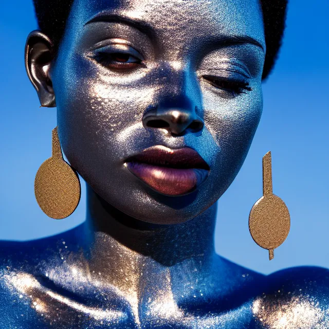 Image similar to portrait of metallic face, african woman, mercury, reflections, smooth liquid metal texture, proud looking, outdoor, nature, blue sky, 8 k, realistic, depth of field, highly detailed, art photography