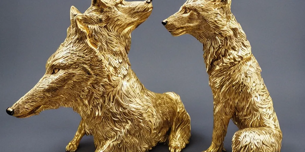 Image similar to gorgeous wolf statue with gold filigree