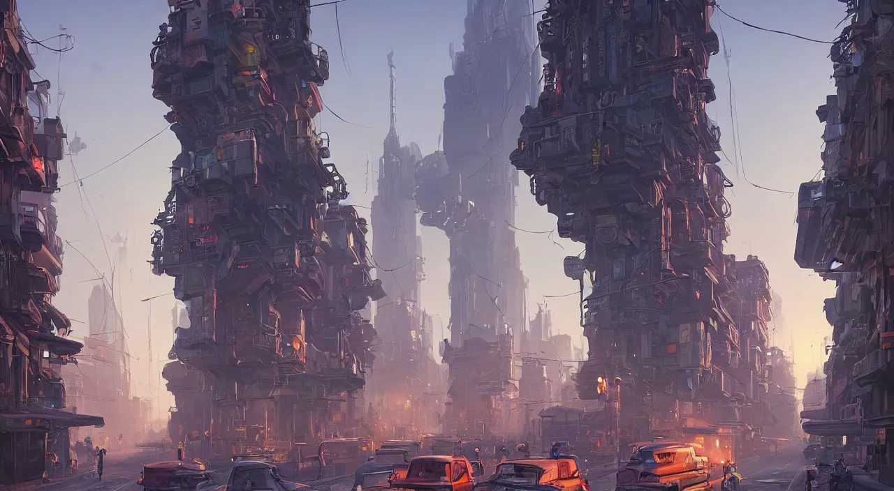 Image similar to a street level painting towards the horizon with high detail, sci - fi colorful victorian megacity at golden hour with sharp shadows by tyler edlin and sparth, wide angle lens, 4 k, vray, art nouveau influences. roger deakins, cinematic cinematography.