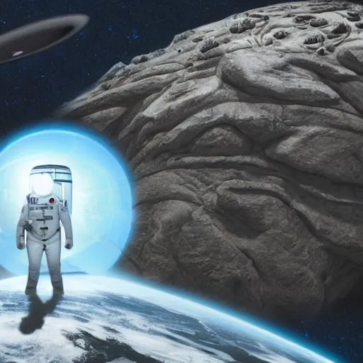 Image similar to alien landscape with futuristic portal to another alien planet, astronaut stepping through the portal