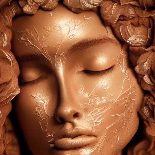 Image similar to beatifull face portrait of a woman, 150 mm, anatomical, flesh, flowers, mandelbrot fractal, facial muscles, veins, arteries, intricate, golden ratio, full frame, microscopic, elegant, highly detailed, ornate, ornament, sculpture, elegant , luxury, beautifully lit, ray trace, unreal, 3d, PBR, in the style of peter Gric , alex grey and Romero Ressendi