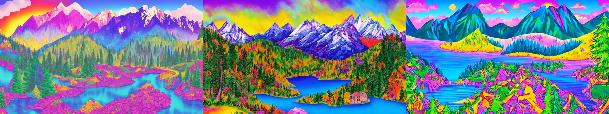 Prompt: lakeside mountains, by lisa frank