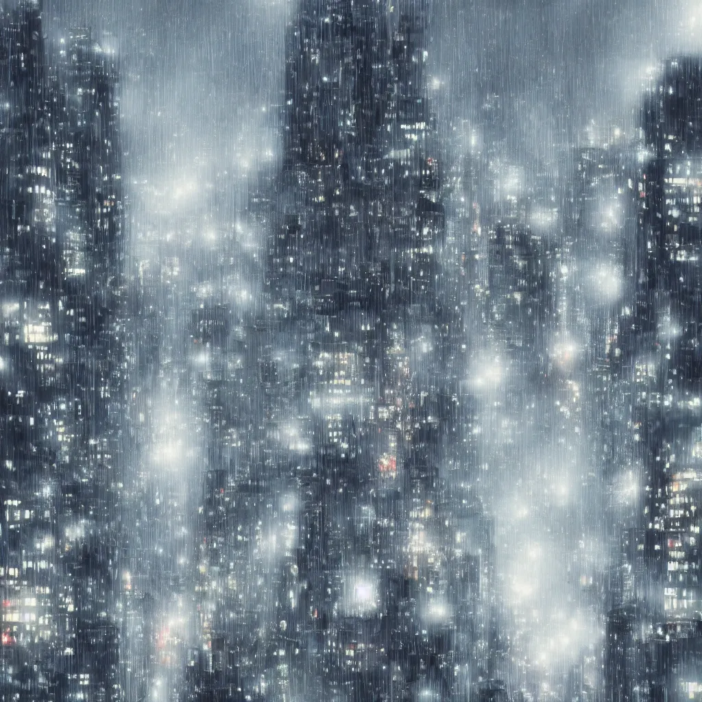 Image similar to beautiful raining anime cityscape, tall buildings and grey fog, trending on pixiv