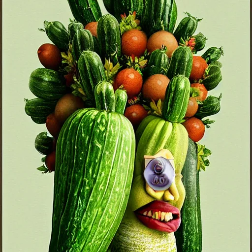 Prompt: mark zuckerberg as a zucchini, vegetable market stand in the background, digital painting by arcimboldo