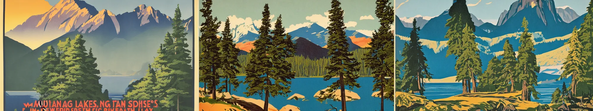 Prompt: mountains, trees, and lake, wpa poster