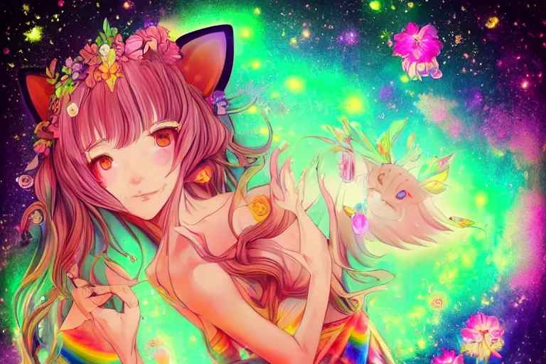 Image similar to psychedelic, whimsical, anime, 4k, beautiful seductive woman with fox ears smoking weed, with professional makeup, long trippy hair, a crystal and flower dress, sitting on a reflective pool, surrounded by gems, underneath the stars, rainbow fireflies, trending on patreon, deviantart, twitter, artstation, volumetric lighting, heavy contrast, art style of Greg Rutkowski and viktoria gavrilenko and Ross Tran