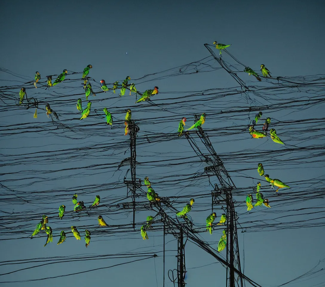 Image similar to a 3 5 mm photography at night, camera with strong flash on, of a lot of green parrots on the power lines