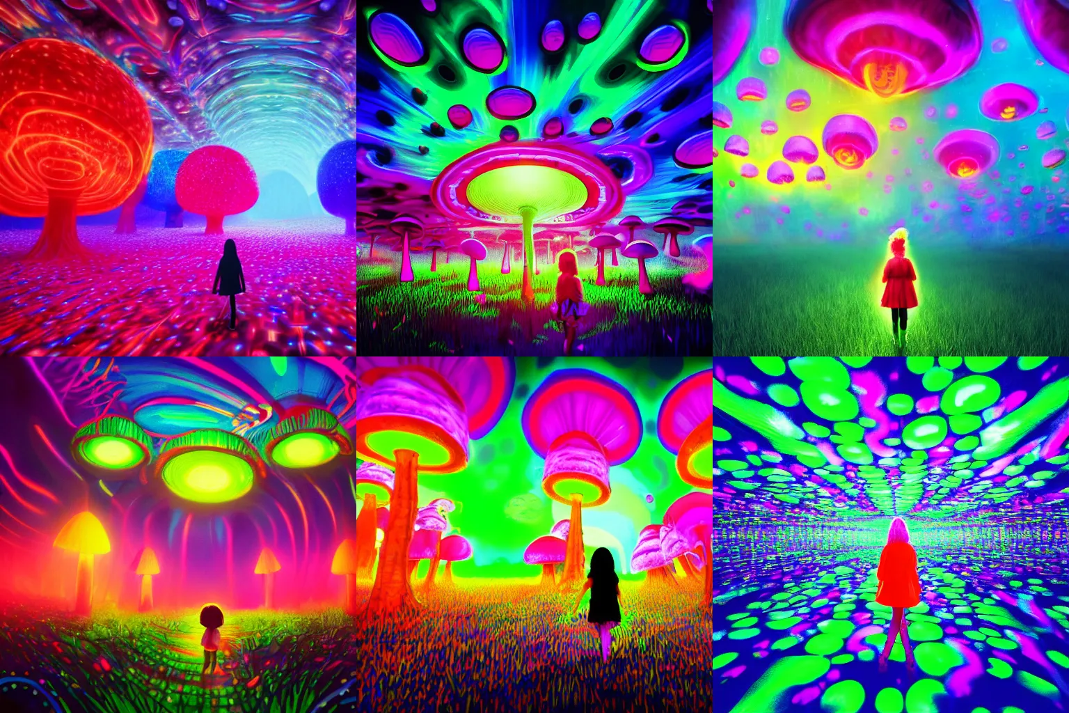 Image similar to Little girl wandering among many giant glowing mushrooms, Neon colors, psychedelic art, trippy, 4k, HQ, Trending on Artstation