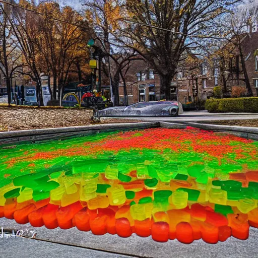 Prompt: photograph of that time when someone filled the town pond with gummy bears. Sony a7R