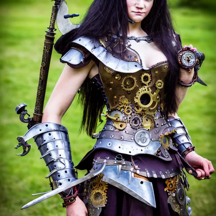 Image similar to full length photograph of a real - life very beautiful clockpunk warrior. extremely detailed. dslr. 8 5 mm.