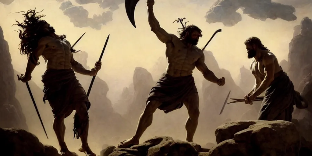 Image similar to realistic painting of biblical Cain with a spear fighting Abel with a reaper scythe, a stone altar with white smoke ascending in the background, masculine and rugged, inspired art by Frazetta + facial symmetry + bright dramatic volumetric lighting, well lit, 8k octane render, intricate, epic composition, grim yet sparkling atmosphere, cinematic lighting + masterpiece, trending on artstation, very detailed, masterpiece, stunning