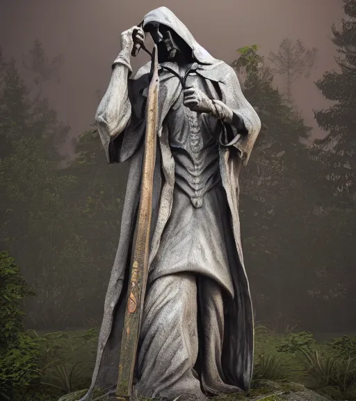 Image similar to weeping grim reaper statue in graveyard surrounded by beautiful forest, grainy film photo, cgsociety, octane render, trending on artstation, artstationHD, artstationHQ, unreal engine, 4k, 8k