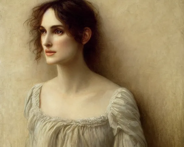 Prompt: portrait en buste of winona ryder winona ryder winona ryder kiera knightley in repose by Hughes Merle, by Pierre Auguste Cot, perfect detailed eyes, realistic fabric, abundant detail