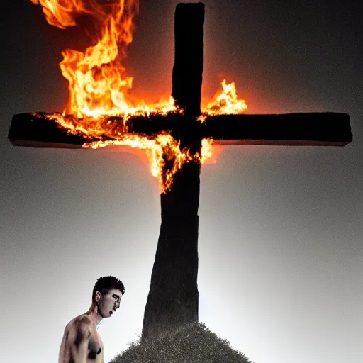 Image similar to robert lewandowski in front of a burning christian cross, night, forest, dark, black