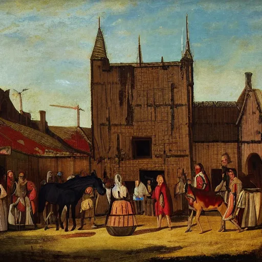 Image similar to a medieval horse market, by john how