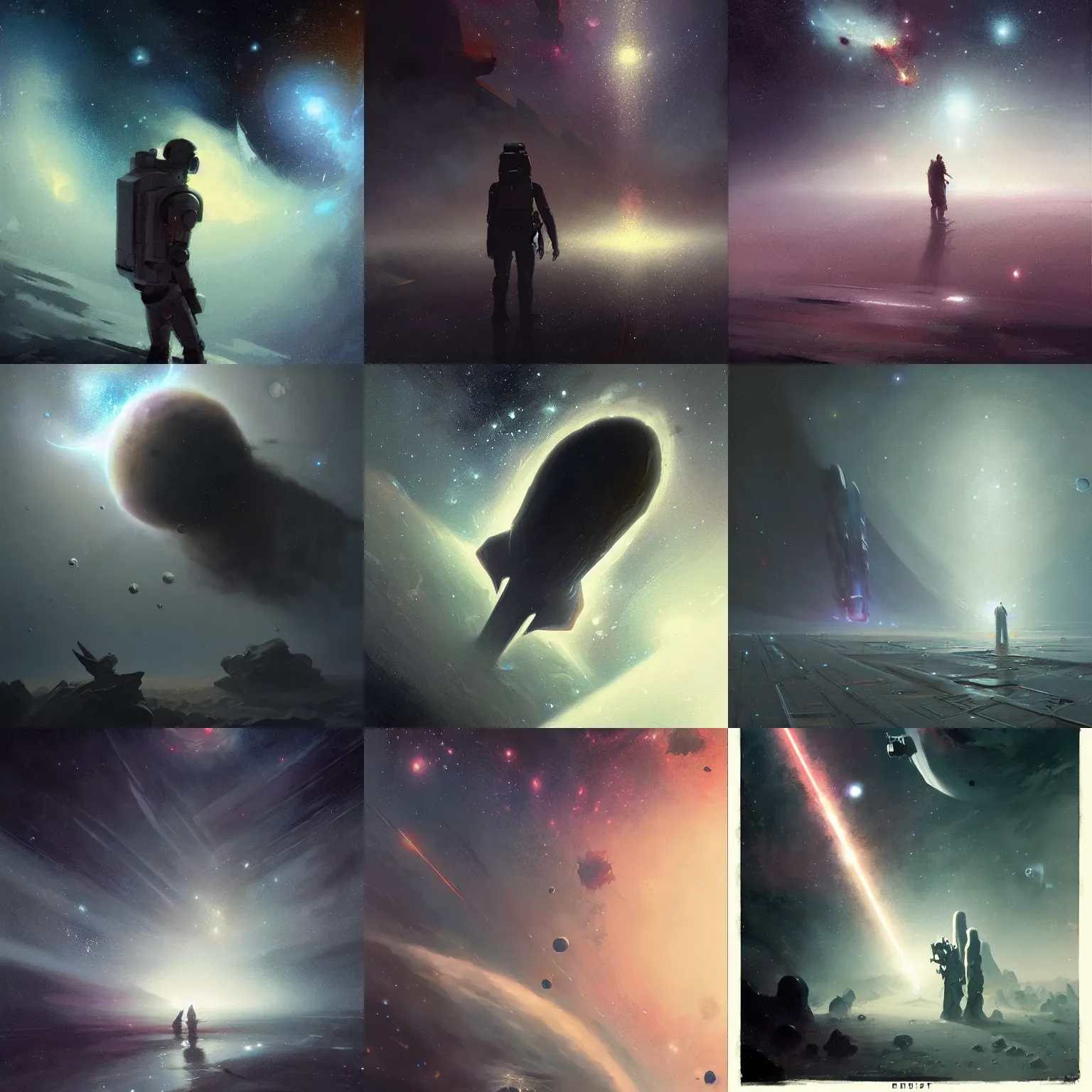 Prompt: outer space, empty, dark, galaxies, nebula, stars, muted, painted by greg rutkowski