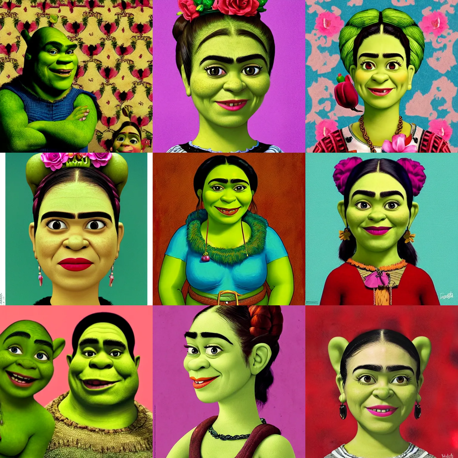 Prompt: shrek in the style of frida kahlo