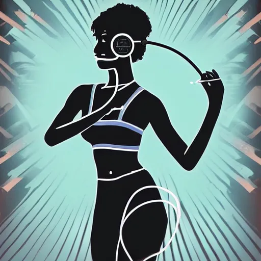 Prompt: a beautiful illustration of a woman in with headphones dancing by jason brooks, hed kandi, adobe illustrator