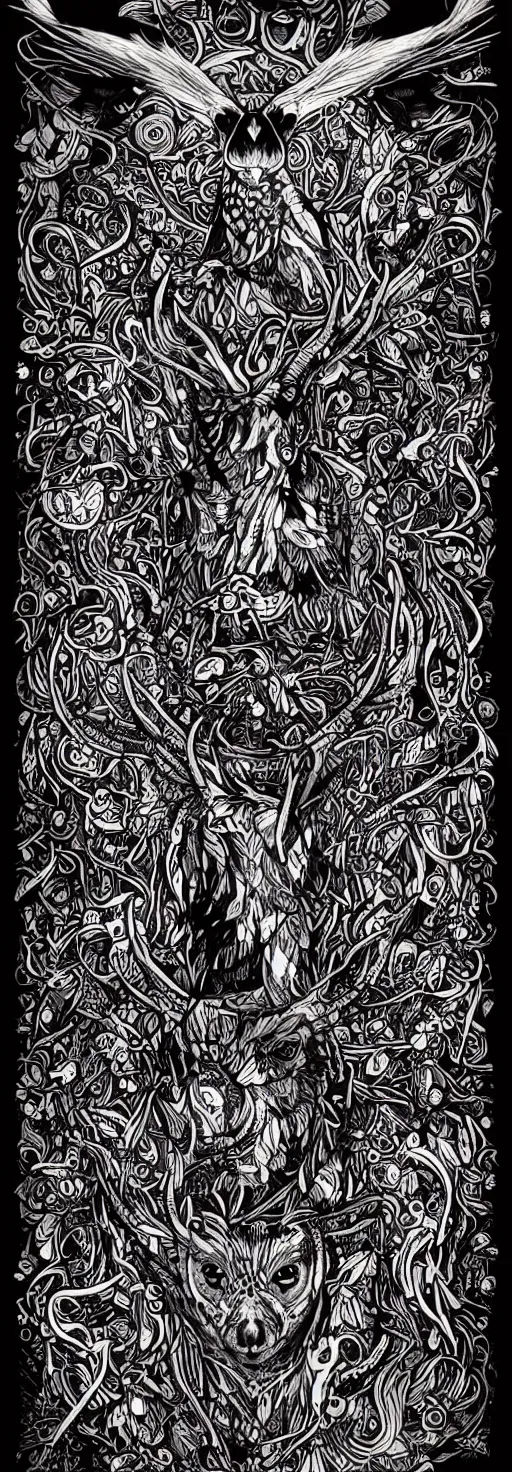 Image similar to psychedelic, monochrome artwork!!, raven, deer, owl, window to the ocean, typography, hr giger, didier comes, james jean, andreas rocha,