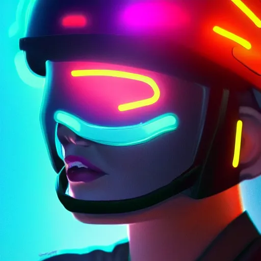 Image similar to a woman wearing a helmet which has neon on it very detailed with a great landscape, artstation unreal in portrait