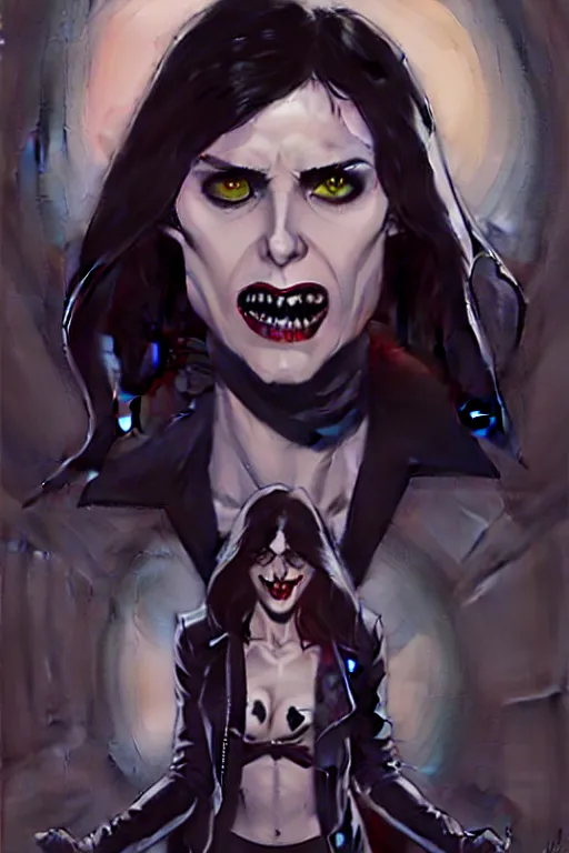 Image similar to rafael albuquerque comic art, peter mohrbacher, phil noto, steve niles, artgerm, pretty willa holland vampire sharp vampire teeth open mouth, symmetrical eyes, black leather jacket, jeans, long black hair