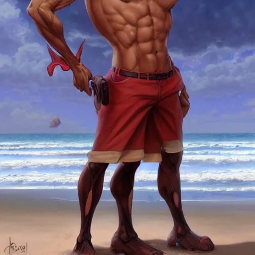 Prompt: a male horse humanoid stansing on the beach,wearing red shorts,anthropomorphic,Character design by charlie bowater, ross tran, artgerm, and makoto shinkai, detailed, inked, western comic book art, 2021 award winning painting,digital art,ultra realistic,ultra detailed,art by greg rutkowski,muscular,detailed face,hyperdetailed,hyperrealistic,detailed face,photorealistic,realistic,4k,SFW