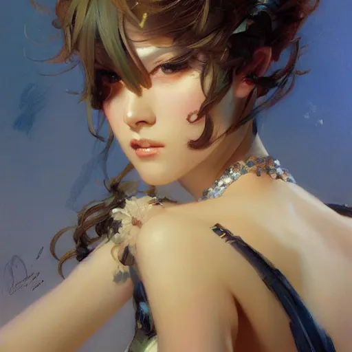 Image similar to a high fashion studio portrait of a cute anime girl, painting by gaston bussiere, craig mullins, j. c. leyendecker