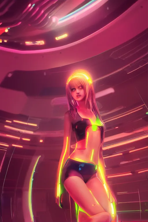 Prompt: digital art of a beautiful girl wearing a neon mini skirt in a futuristic spaceship, expressive, by wlop, by artgerm, anime style, octane render, full body shot