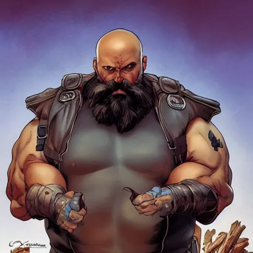 Image similar to chonky ethan van sciver with a bald head and grey trimmed beard with a pointy nose as a sea captain, beautiful artwork by artgerm and rutkowski, breathtaking, beautifully lit, dramatic, full view