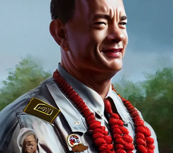 Image similar to Tom hanks as forrest gump wearing a necklace made out of shrimps around the neck, realistic face, digital art, in the style of Marek Okon, amazing detail, artstation, long shot