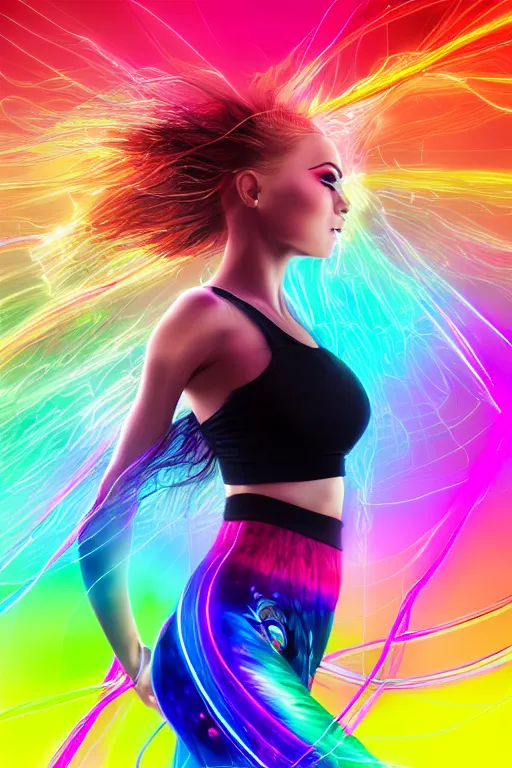 Image similar to a award winning half body portrait of a beautiful woman with stunning eyes in a croptop and leggings with reinbow colored ombre hairstyle head in motion and hair flying while dancing by thomas danthony, surrounded by whirling illuminated lines, outrun, vaporware, shaded flat illustration, digital art, trending on artstation, highly detailed, fine detail, intricate