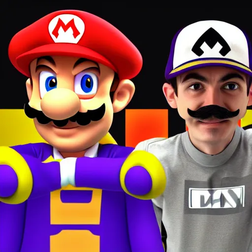 Image similar to Portrait of Max Verstappen as Waluigi and Charles Leclerc as Mario, nintendo, high detail, realism, 4k