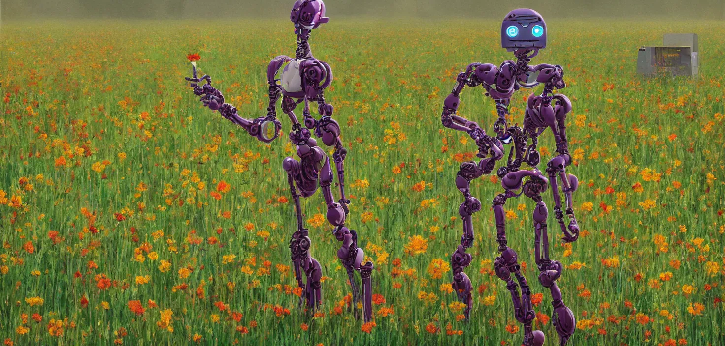 Prompt: detailed digital painting of a robot picking a flower in a beautiful open field, VISTA photography by Carr Clifton Galen Rowell