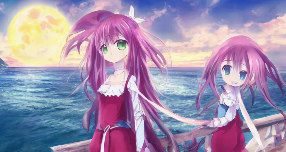 Prompt: one anime girl based on Puella Magi Madoka Magica on a pier with the ocean as background at twilight, her blue eyes are looking at the camera, cute, big moon above the water, colorful, magical, detailed face, 8k