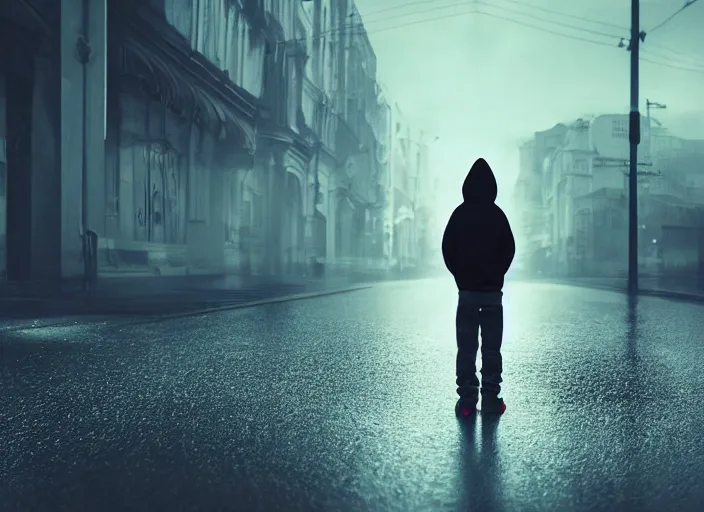 Image similar to boy from the back with a black hoodie staing at a white glowing angel in the sky, empty city street at night where there are only cars parked, heavy rain, dramatic lighting, cinematic, establishing shot, extremly high detail, photorealistic, cinematic lighting, post processed